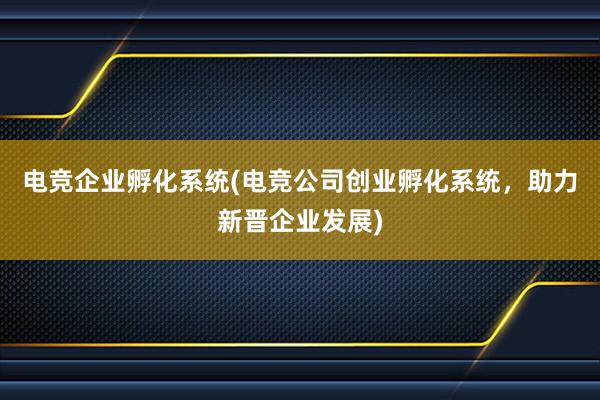 电竞企业孵化系统(电竞公司创业孵化系统，助力新晋企业发展)